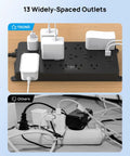 Comparison of surge protector power strip with 13 wide spaced outlets next to another strip, highlighting neat organization.
