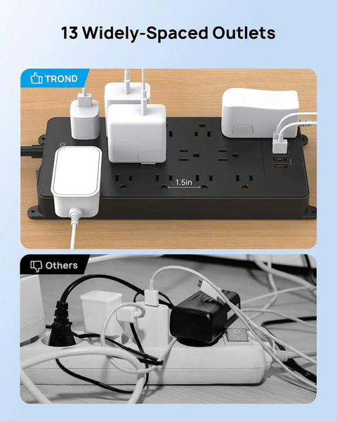 Comparison of surge protector power strip with 13 wide spaced outlets next to another strip, highlighting neat organization.