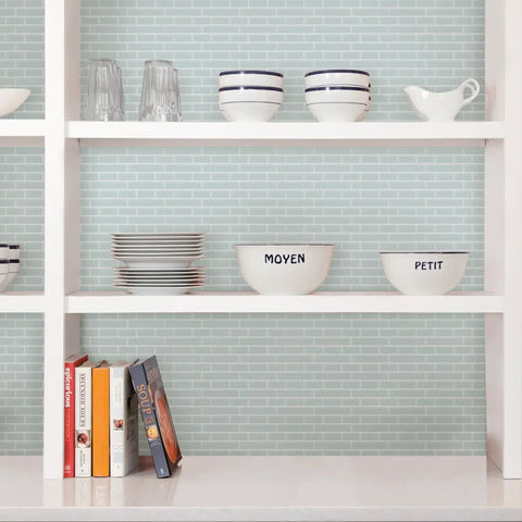 Sea Glass Peel And Stick Backsplash Tiles Blue 10.5 Inch By 10.5 Inch Four Panels Self Adhesive Easy To Install High Shine Kitchen Backsplash Look For Modern Coastal Style installed behind open shelving.