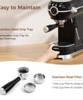 Pro Espresso Maker With Auto Milk Frother 20 Bar Pressure, features removable stainless steel drip tray for easy cleaning.