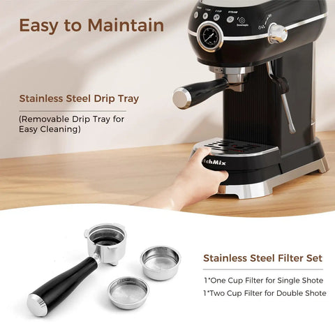 Pro Espresso Maker With Auto Milk Frother 20 Bar Pressure, features removable stainless steel drip tray for easy cleaning.