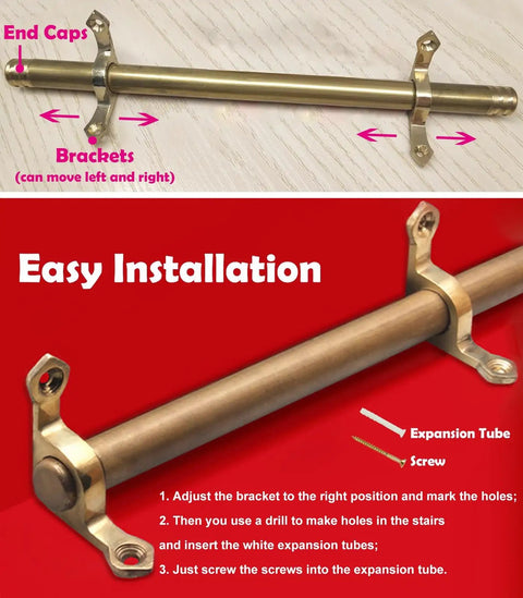 Dazzling Antique Brass Stair Rod Kit With Brackets Screws And End Caps For Runner Carpet Secure Your Steps While Adding Classy Vibes To Any Home With This Durable 34 Inch Holder Set That Boasts A Smooth Finish And Timeless Style, 34-inch brass stair rod with brackets and end caps