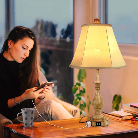 Cozy Farmhouse Table Lamp With Touch Control, 3-Way Dimmable Bedside Desk Lamp with woman using USB port