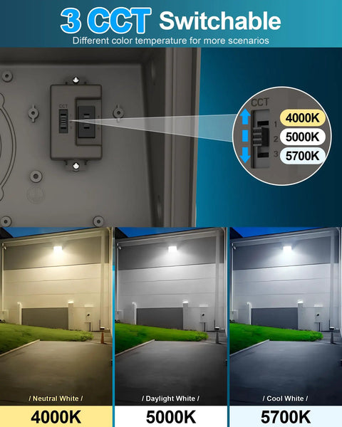 Beefy 100W Tunable LED Wall Pack with 3 color switchable modes showing 4000K 5000K 5700K settings