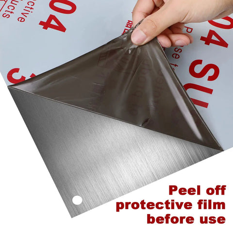 Stainless Steel Kitchen Backsplash Panels 24x30 Inch Reversible Metal Sheet with protective film being removed, pre drilled holes shown