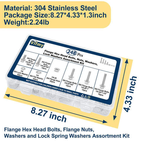 Front view of Vifmy 248-pc 304 stainless flange-head bolt set with 1/4-20 bolts, nuts, and washers in a clear plastic case.