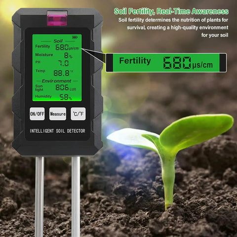 All In One 6 In 1 Soil Tester With pH Meter And LCD Display Measures Soil Moisture Temperature Humidity And Fertility For Gardening Lawn Farm And Outdoor Plants showing LCD screen and seedling.