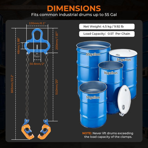 Upgraded Chain Drum Lifter 1 Ton Loading Capacity For 55 Gallon Drums With Forklift Hoist Crane Double Hooks And Chains