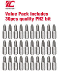 30 Piece PH2 Phillips Bit Set For Impact Drivers, 1 Quarter Inch Hex Shank, displayed in a value pack layout.