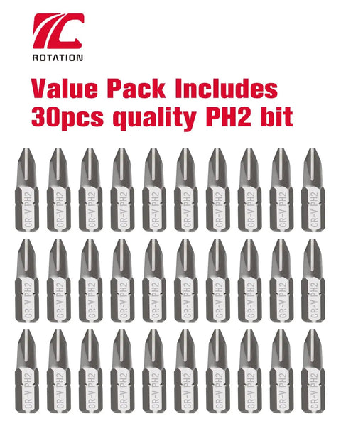 30 Piece PH2 Phillips Bit Set For Impact Drivers, 1 Quarter Inch Hex Shank, displayed in a value pack layout.