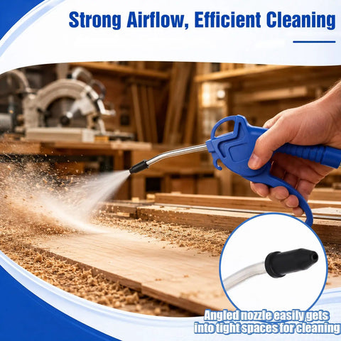 Kick Ass 20 Pack Air Blower Guns with 4 Inch Angled Stainless Steel Nozzles in use for efficient cleaning of wood shavings.