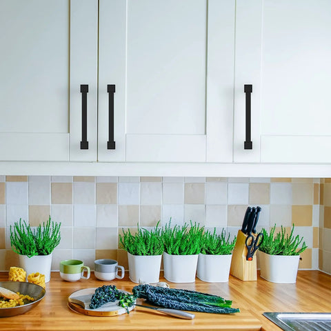 10 Pack 5-Inch Matte Black Cabinet Pulls for Cabinets and Cupboards installed on white kitchen cabinets