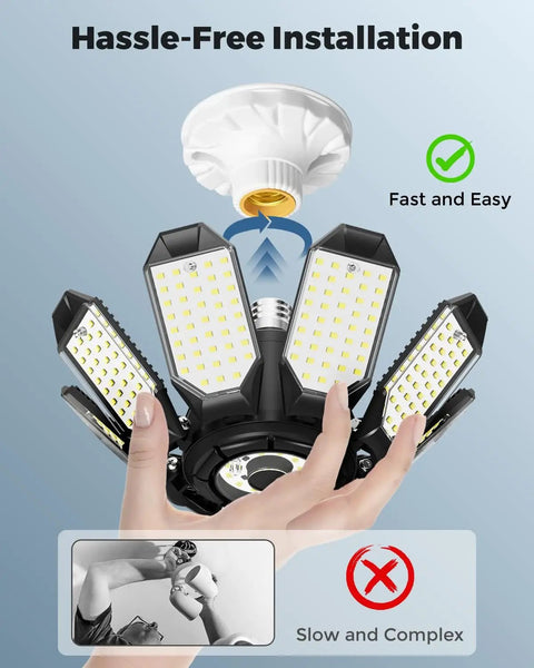 LED Garage Ceiling Light 2 Pack With 8 Plus 1 Adjustable Panels Ultra Bright 14000 Lumen Deformable Fixture For Indoor Workshop Basement Attic Gym Laundry Utility E26 Socket Base installation