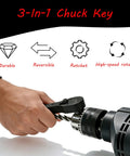 Universal Magnetic Ratcheting Drill Chuck Key Three In One Electric Drill And Drill Press Spanner in use with drill.