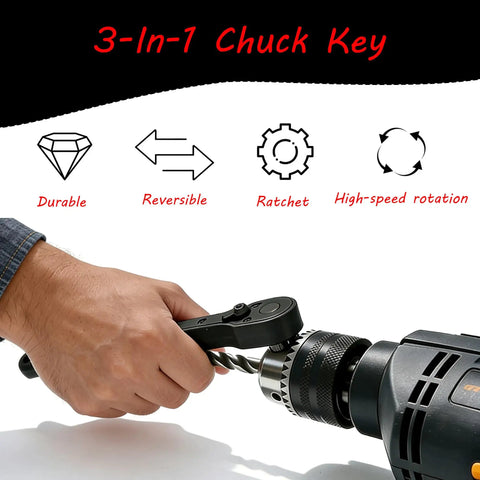 Universal Magnetic Ratcheting Drill Chuck Key Three In One Electric Drill And Drill Press Spanner in use with drill.