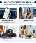 360° rotatable black car magnetic phone holder; shown on vehicle dash, mirror/glass, treadmill, brick/wall surfaces.