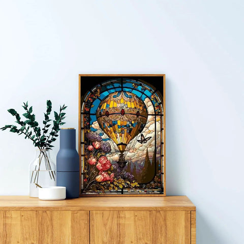 Hot Air Balloon Diamond Painting Kit For Adults Stained Glass Style Diamond Art Set Gem Art Craft framed on wooden shelf