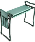 Garden Kneeler And Seat Foldable Bench With Soft Cushion Pad For Outdoor Gardening And Fishing Dual Function Kneeler Converts To Sit Stand Stool Heavy Duty Iron Frame Portable And Easy To Use Green, shows iron frame and EVA pad.