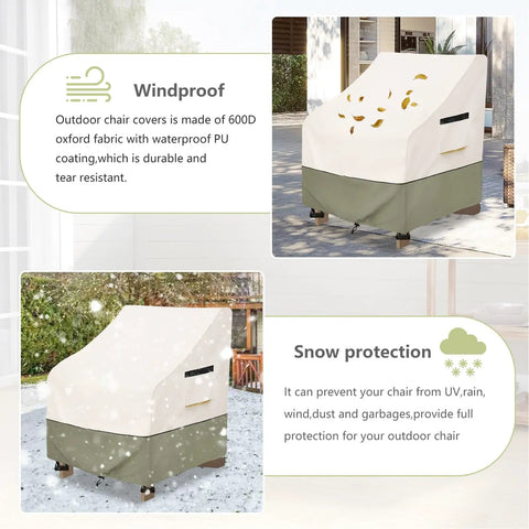 Image of Heavy Duty 600D Waterproof Patio Adirondack Chair Cover 32 W x 35 D x 36 H Inches showing wind and snow protection features.