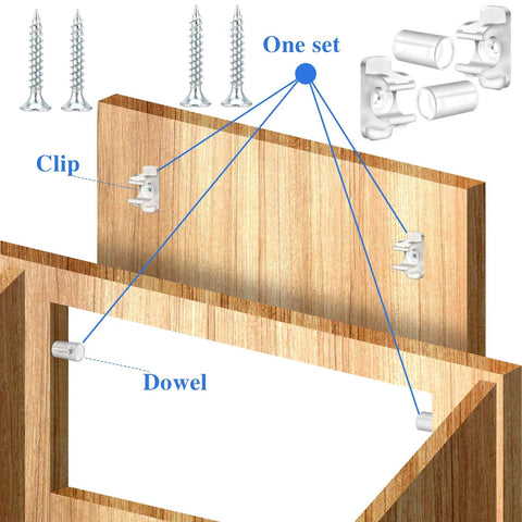 Diagram showing assembly of 10 Pairs False Drawer Front Clips With Screws For Cabinet Installations on wooden cabinet fronts.