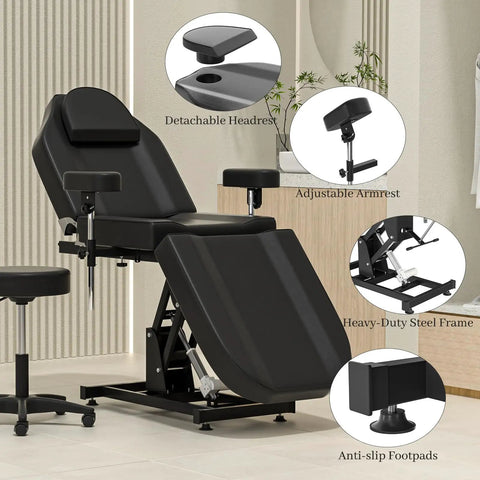 Premium Electric Tattoo Chair Bed With Stool features detachable headrest, adjustable armrests, and anti-slip footpads.