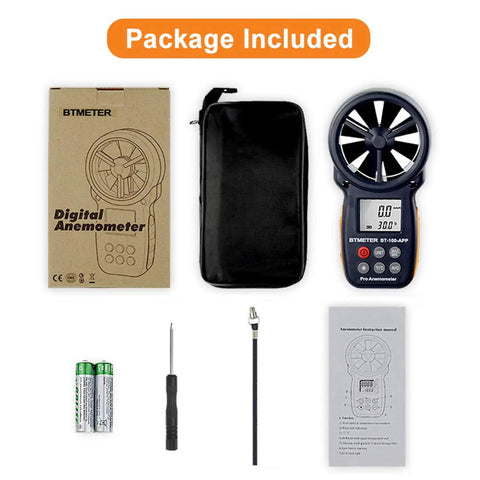 BT100APP Wireless Bluetooth Anemometer Handheld Wind Speed Meter With Temperature Wind Chill And Air Velocity Readings In Five Units Meters Per Second Kilometers Per Hour Feet Per Minute Knots Miles Per Hour And Battery Power Display For On The Go, package contents