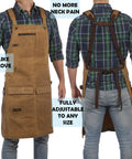 Kickass Heavy Duty Waxed Canvas Woodworking Apron For Men Featuring Boss Level Pocket Layout With Slick Tool Storage shown on model front and back view.