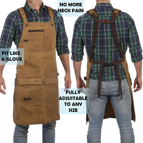 Kickass Heavy Duty Waxed Canvas Woodworking Apron For Men Featuring Boss Level Pocket Layout With Slick Tool Storage shown on model front and back view.