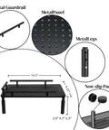 Built Tough Metal Elevated Pet Feeder Stand With Easy Adjust Height, detailed view of metal panel, guardrail, legs, and dimensions.
