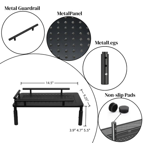 Built Tough Metal Elevated Pet Feeder Stand With Easy Adjust Height, detailed view of metal panel, guardrail, legs, and dimensions.