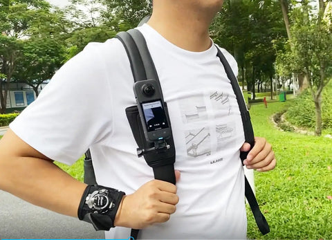 No Fuss All In One Mount Bundle For Chest Harness Head Strap Backpack Clip And Wrist Mount For Insta360 X5 X4 X3 Ace Pro Go3S GoPro Hero 10 9 13 And More in use on backpack outdoors