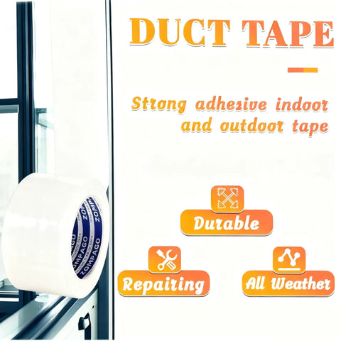 Heavy Duty Waterproof Duct Tape White 1.8 Inch by 66 Feet Tear by Hand No Residue Strong Adhesive All Weather Indoor Outdoor Repair for Pipe Leaks RV Roof Camping Patch Holes Cracks, displayed with durable, repairing, all-weather icons.