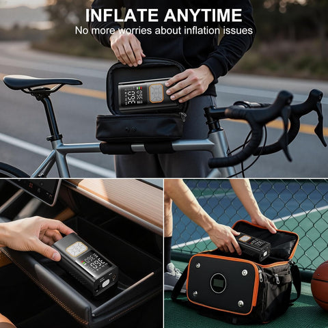 Portable Tire Inflator Air Compressor With 150 PSI Cordless Car Tire Pump Digital Pressure Gauge Auto Shut Off No Fuss Quick Inflation For Cars And Motorcycles On The Go in use with bike and storage bag