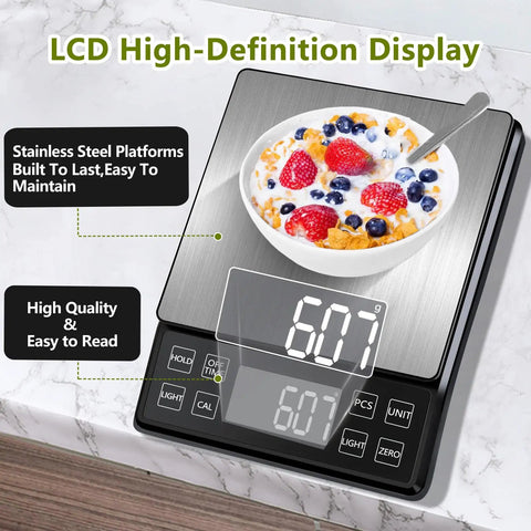 High Precision Kitchen Scale 0.01 oz 0.1 g With 11 lb 5 kg Capacity USB C Rechargeable Backlit LCD Display Stainless Steel Pan