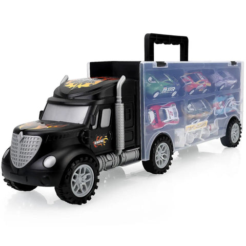 Big Transport Car Carrier Set With 12 Die Cast Vehicles And 8 Traffic Signs For Kids Ages 3 To 7 Durable Plastic Construction vehicle