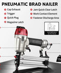 Professional Pneumatic Brad Nailer 18 Gauge Air Powered Nail Gun For Woodworking Trim Assembly Heavy Duty tool features labels and dimensions.