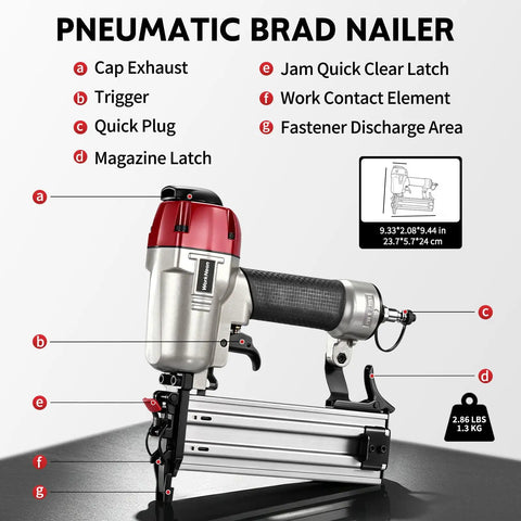 Professional Pneumatic Brad Nailer 18 Gauge Air Powered Nail Gun For Woodworking Trim Assembly Heavy Duty tool features labels and dimensions.