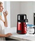 Premium Countertop Water Distiller With Four Liter Capacity And 1750 Watt Powerhouse, featuring a glass carafe and sleek red design.