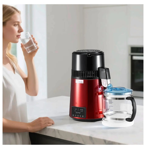 Premium Countertop Water Distiller With Four Liter Capacity And 1750 Watt Powerhouse, featuring a glass carafe and sleek red design.