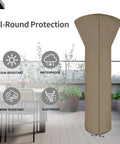 All-weather patio heater cover with zipper and bag, camel color, UV and dustproof, fits most propane patio heaters, 89 inches high.