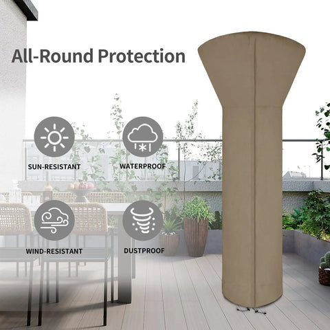 All-weather patio heater cover with zipper and bag, camel color, UV and dustproof, fits most propane patio heaters, 89 inches high.