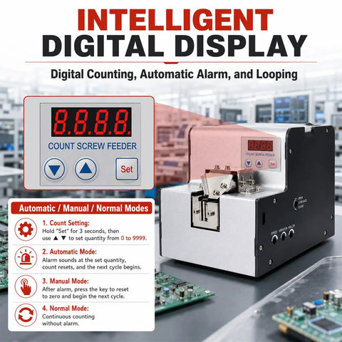 Heavy Duty Automatic Screw Feeder Machine With Smart Precision Counting Capabilities Brings Serious Bang For Your Buck And Lightning Fast Throughput For Pro Shops Or Weekend Warrior Build Projects No Sweat, featuring a digital display and control panel.