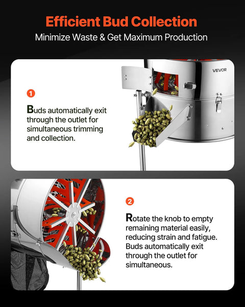 Electric Bud Leaf Trimmer With Tilted 18 Inch Frame showing bud collection and emptying mechanism.