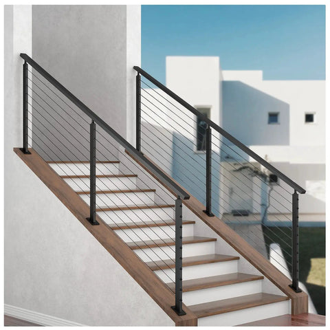 Black Slope Cable Railing Post 36 Inch for 25 to 40 Degree Slopes installed on outdoor stairs, T304 stainless steel