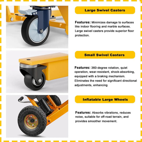 Built Tough Hydraulic Material Lift And Foldable Winch Stacker With Removable Steel Platform features large and small swivel casters.