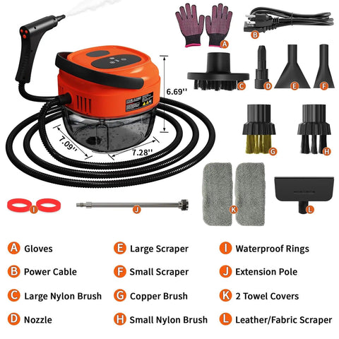 Hi-Temp Handheld Steam Cleaner 2500W With 3 Bar Pressure And 221F Quick Heat 1.7L Tank with accessories including brushes and gloves