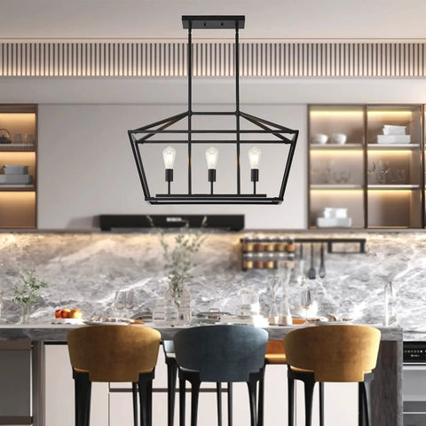 Farmhouse Linear Pendant Light Fixture For Kitchen Island Black 3 Light Cage Design over kitchen island