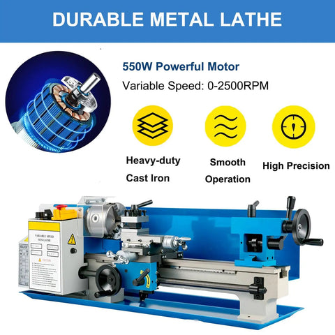 7X14 Mini Metal Lathe Machine With 550W Motor And Variable Speed Control Up To 2500 Rpm for high precision metal turning projects.