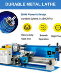 7x14 Inch Mini Metal Lathe Machine For Benchtop Use, Variable Speed Up To 2500Rpm With Three Jaw Chuck, Tailstock And Four Way Tool Post, showcasing 550W motor and cast iron build.