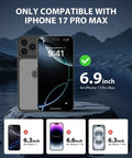 iPhone 17 Pro Max Privacy Screen Protector 6.9 Inch Purple Gradient Anti Spy Glass Shield Anti Blue Light HD Tempered Glass With Easy Install Keeps Your Screen Private at Every Angle displayed on a phone with compatibility information.
